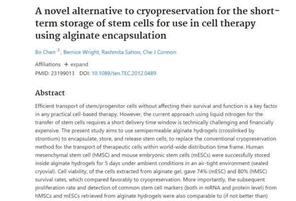 A novel alternative to cryopreservation for the short term storage of stem cells for use in cell therapy using alginate encapsulation (Jan, 2022)