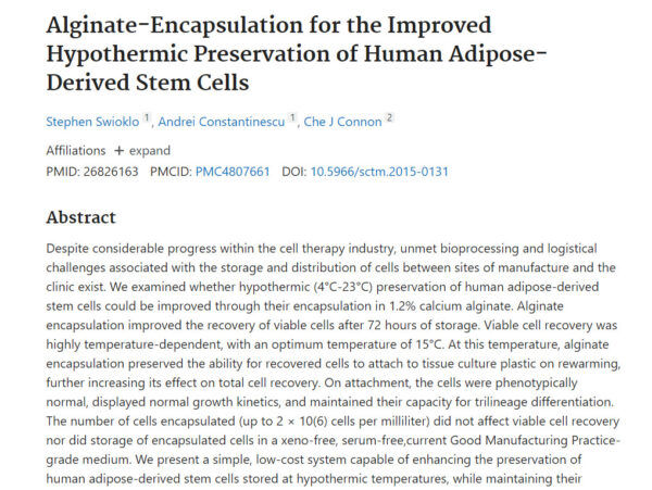 Alginate-Encapsulation for the Improved Hypothermic Preservation of Human Adipose-Derived Stem Cells (Dec, 2015)