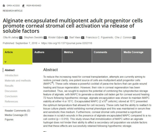 Research Article: Alginate encapsulated multipotent adult progenitor cells promote corneal stromal cell activation via release of soluble factors (Sept, 2018)