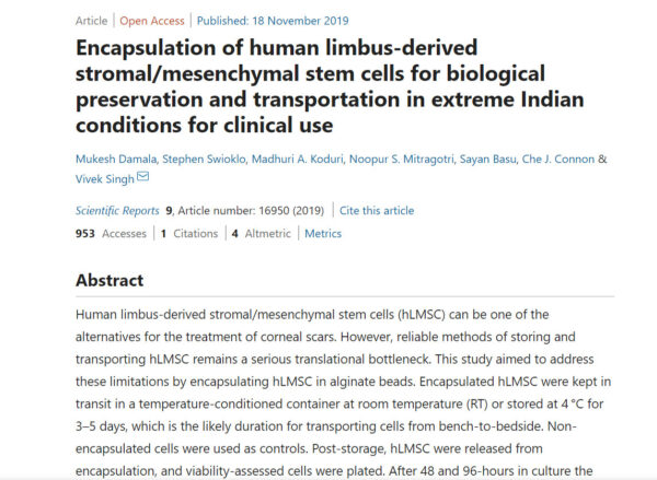 Scientific Report: Encapsulation of human limbus derived stromal/mesenchymal stem cells for biological preservation and transportation in extreme Indian conditions for clinical use (2019)
