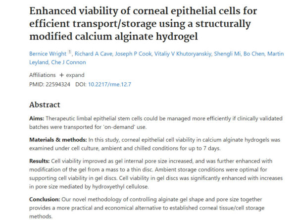 Enhanced viability of corneal epithelial cells for efficient transport/storage using a structurally modified calcium alginate hydrogel (May, 2012)