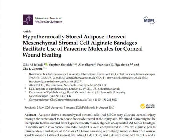 Hypothermically stored adipose-derived mesenchymal stromal cell alginate bandages facilitate use of paracrine molecules for corneal wound healing (Dec, 2022)