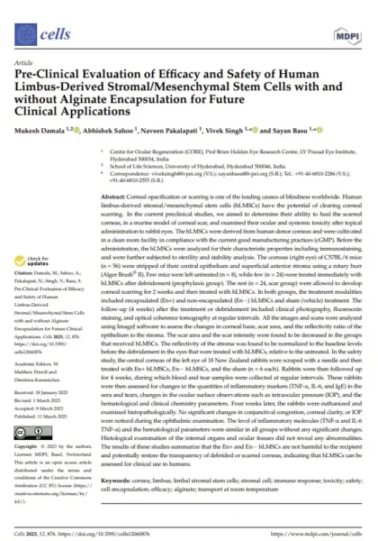 Pre-Clinical Evaluation of Efficacy and Safety of Human Limbus-Derived Stromal/Mesenchymal Stem Cells with and without Alginate Encapsulation for Future Clinical Applications (March, 2023)