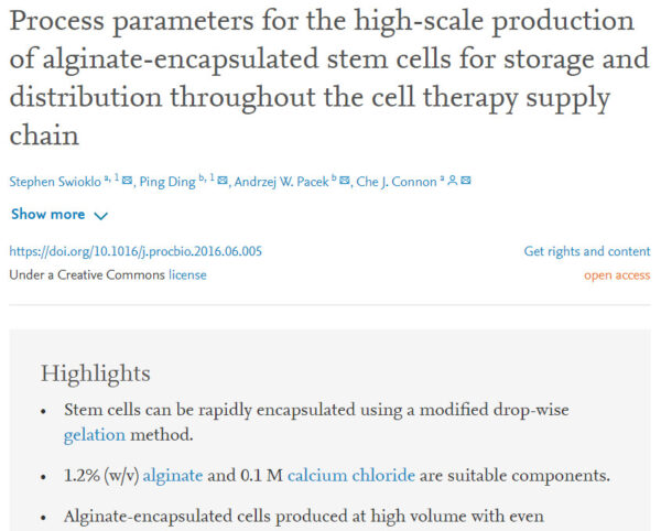 Process parameters for the high-scale production of alginate-encapsulated stem cells for storage and distribution throughout the cell therapy supply chain (June, 2016)